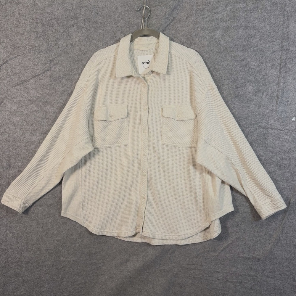 Aerie Lumber Jane Waffle Shacket Womens Sz L Cream Pockets Boho